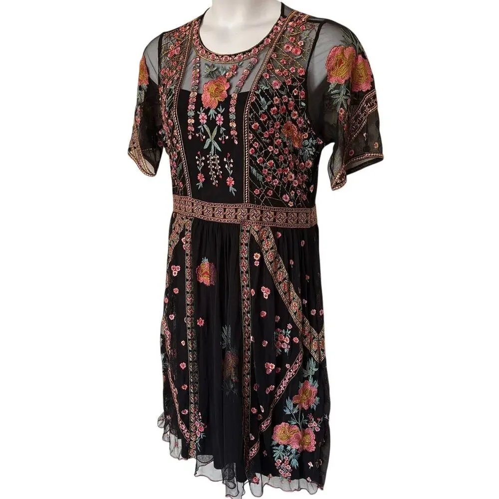 Sundance Roxanna Embroidered Mesh Dress Boho Fall Wedding Cocktail Dress size L